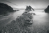Bow fiddle rock BandW high tide at dusk