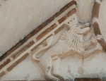 San Miguel Arcángel, façade gable relief left, Hapsburg lion