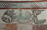 Lower cloister walk, portal mural, Marian insignia