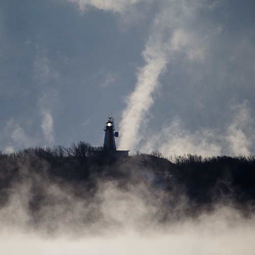 A massive arctic fog or sea smoke vortex spirals up several hundred feet into the air and just behind the Partridge I…