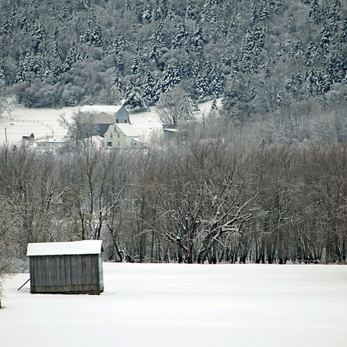 A period shed in a farmer's field takes on extra character in a winter's setting.