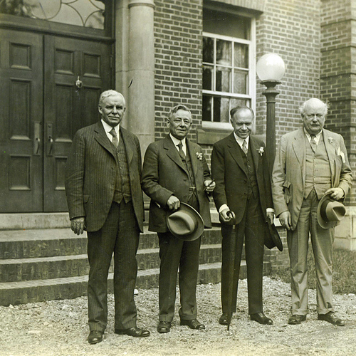 From left to right, C.C. Jones (UNB President), Lord Beaverbrook, Mr. Justice O.C. Crockett(Supreme Court of NB), Gov…