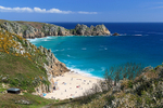 Porthcurno Beach, view from Minack Point towards Logan Rock