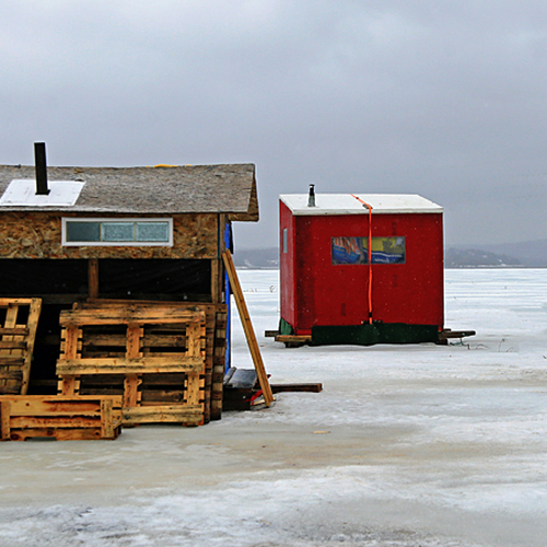 A trio of Ice Fishing Village Shacks along the St John River @ Dominion Park beach in Saint John, New Brunswick Canada.