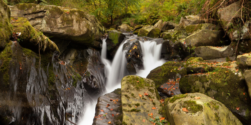 The Main fall at Ballaglass Glen and the impressive rocks.