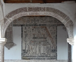 Upper cloister walk NE testera arch & Mass of St. Gregory mural