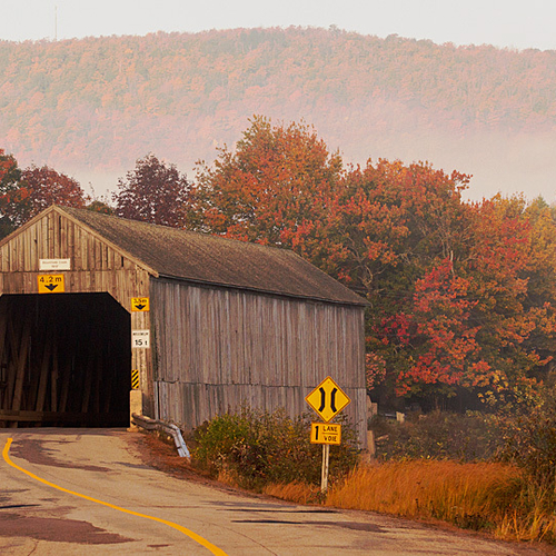 Bloomfield Creek Covered Bridge amid prime autumn foliage and early morning land fog.
