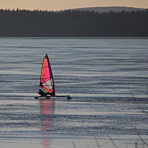 An iceboat travels along the frozen Kennebecasis River near Rothesay, New Brunswick.
