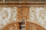 Santa Ana, façade, main portal architrave, Franciscan insignia