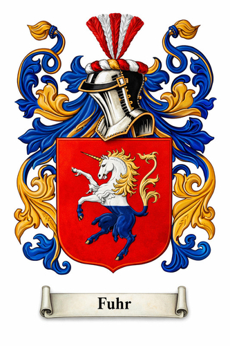 Family Coat of Arms for the Fuhr Family - Photo Size: 8"x10", Price $55.00, Plus Shipping and Packaging shown above.