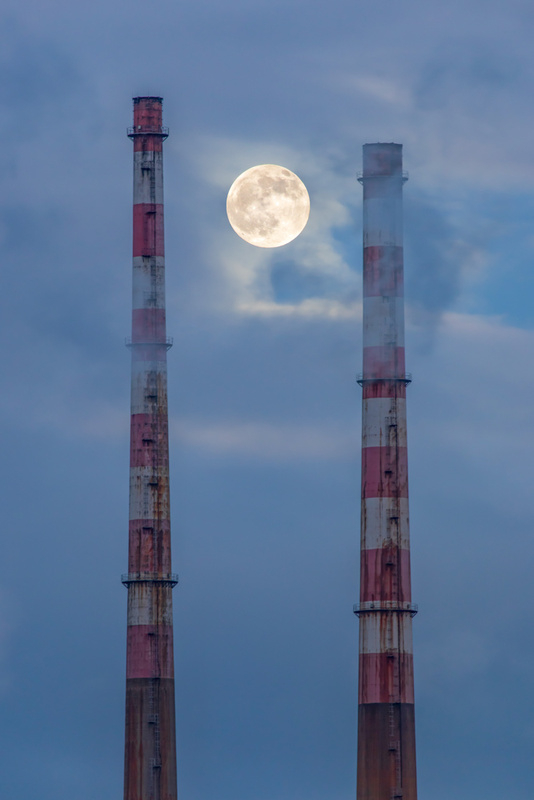 Moonrise Between Poolbeg Chimneys (Portrait Version), Dublin