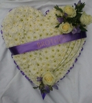 26 - White chysanthum heart with pernonalised ribbon