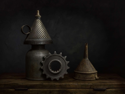 The Rusty Funnel. Light-painted still-life, featuring some vintage workshop items and a rusty funnel. Lit with diffus…