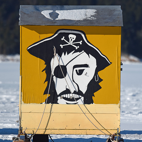 'Pirated' artwork on an ice hut along the Kennebecasis River in NB, Canada.