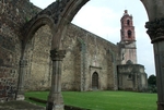 Porciúncula door & bell-tower through capilla abierta arches