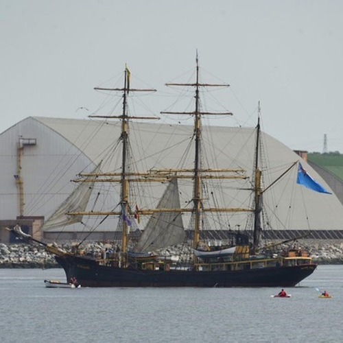 The Picton Castle enters Saint John Harbour and with her rigging nicely outlined by the Potash Corporation's buildings.