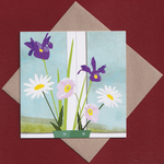 Irises and white daisies greetings card