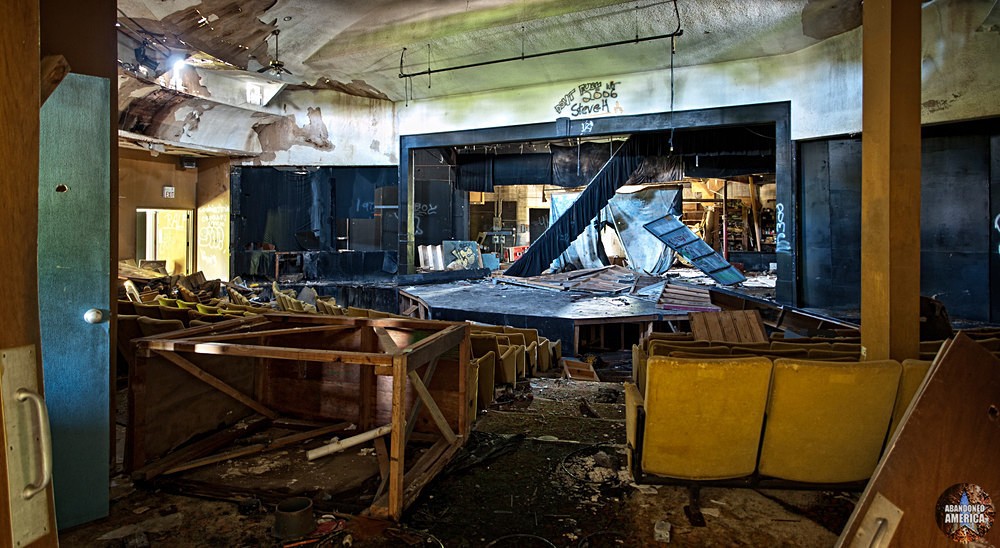 The ruined interior of the Polka Dot Playhouse