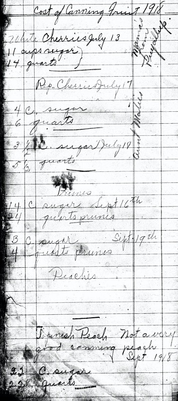 Cost of canning 1918 - The Journal of Clara Bacon