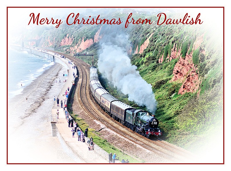 3 left XM05 - Clun Castle steam train leaving Dawlish - Xmas Cards Dawlish