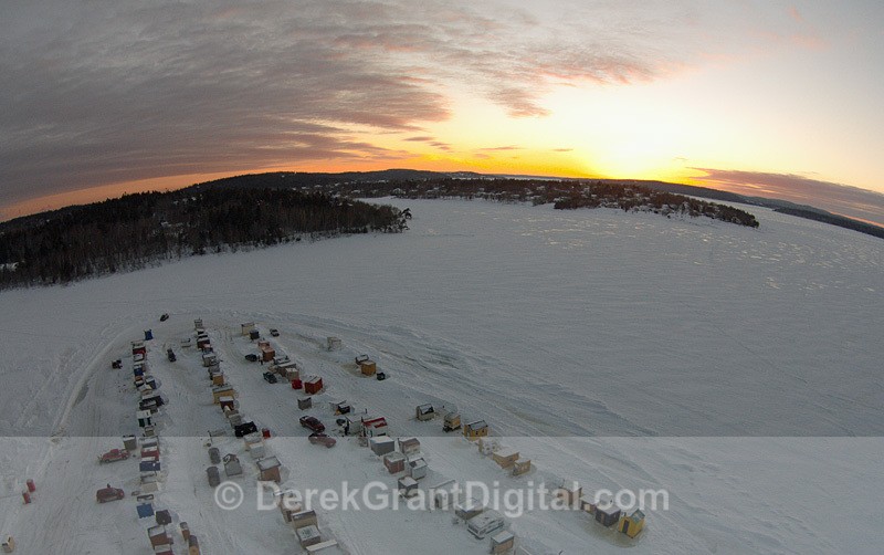 Sunset Kennebecasis River Renforth Cove Ice Shacks Aerial - Sunset/Moonrise