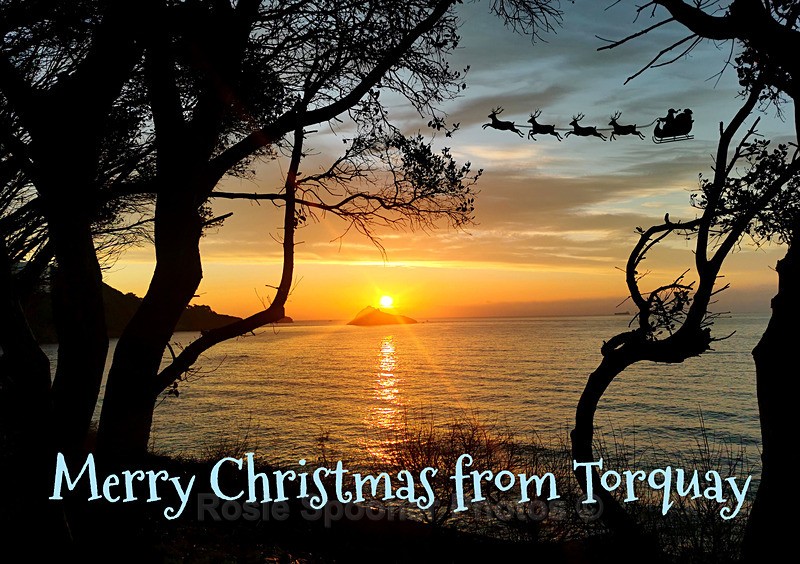 No stock XM046 - Meadfoot Beach at Sunrise through the trees - XMAS CARDS Torquay St Marychurch, Babbacombe and Cockington