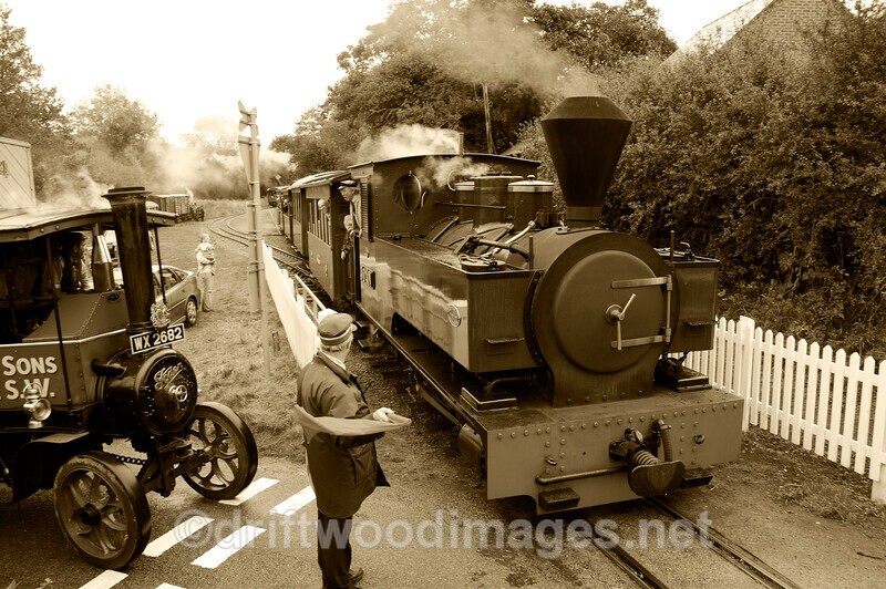 WLLR Joan leaves Cyfronydd with the 1547 train to Llanfair sepia - The Welshpool & Llanfair Light Railway