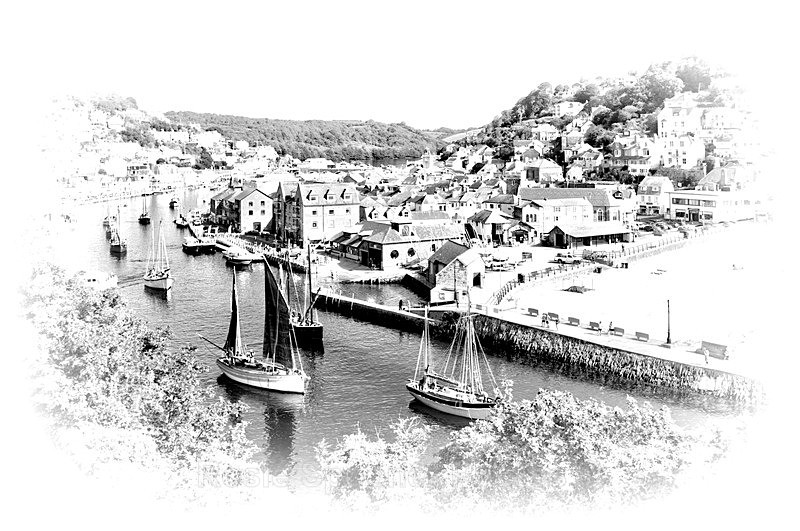 Black and White Halo view of Luggers at Looe - Black and White