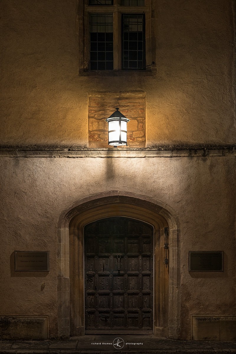 Diocese door in Wells Somerset at night