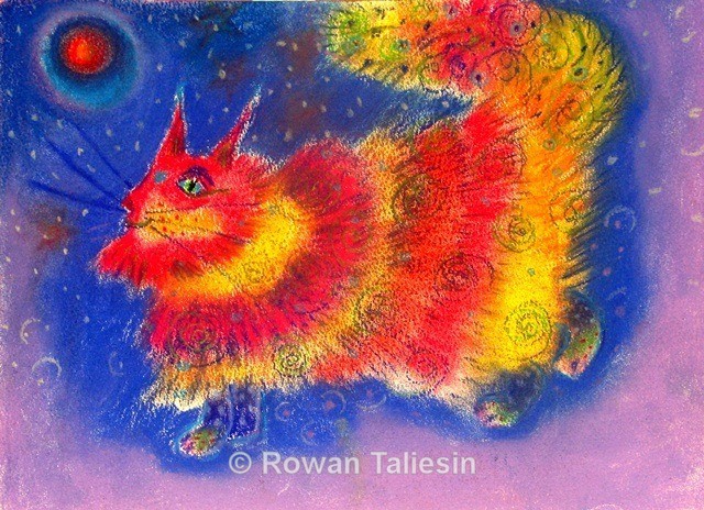 Snowstorm Cat copyright Rowan Taliesin, pastel drawing of cuddly cat.