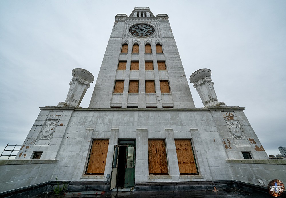 View of the clock tower of the former Philadelphia Inquirer building