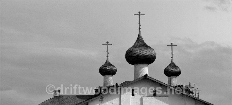 Solovetsky Islands Monastery three domes bw   - The Solovetsky Islands, Russia