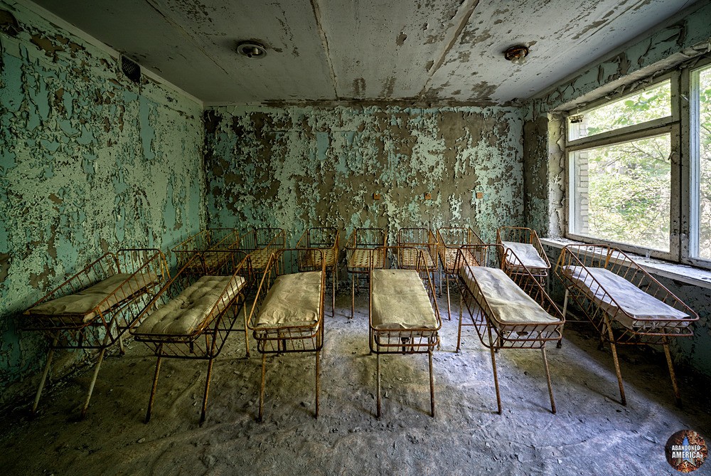 Empty cradles left behind in Pripyat's hospital in the Chernobyl exclusion zone
