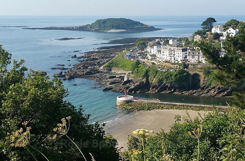 LO60 k View of Looe island the Banjo Pier and Hannafore - Greeting Cards - Looe