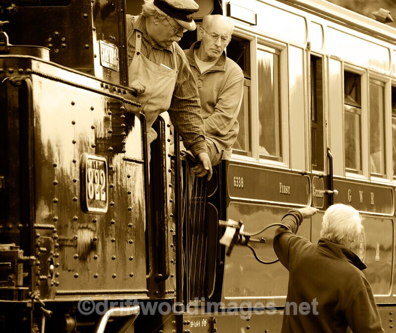 WLLR collecting the staff at Sylfaen from the Countess sepia - The Welshpool & Llanfair Light Railway