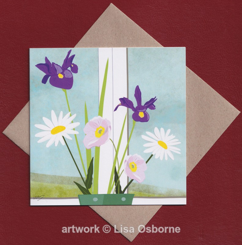 Irises and white daisies greetings card - Cards