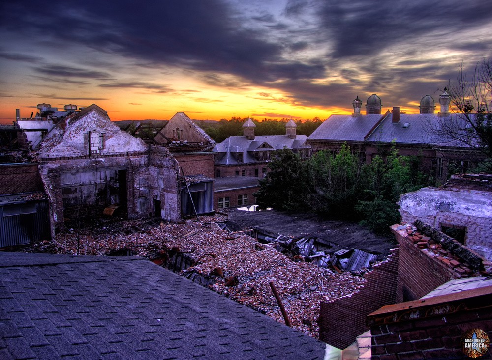 View from rooftop of a collpased auditorium at Taunton State Hospital