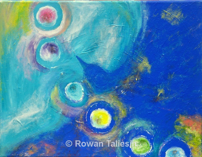 Flying through Moons copyright Rowan Taliesin, semi abstract bird with moons.