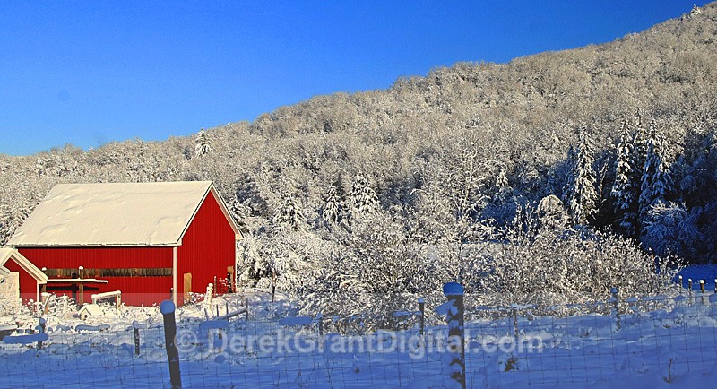 Red Barn, Blue Sky on a Snowy Morning