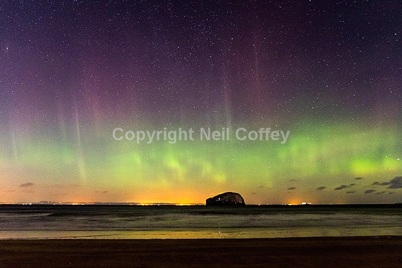 Aurora Borealis over Bass Rock from Seacliff Beach, East Lothian - Landscape format