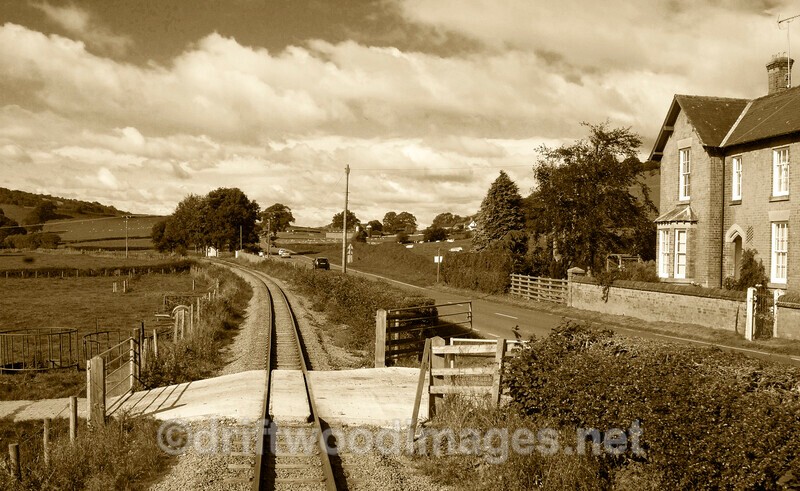 WLLR Level crossing and A458 sepia - The Welshpool & Llanfair Light Railway
