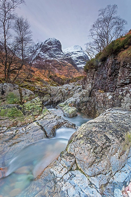 River Coe & two of The Three Sisters, Glen Coe, Highland - Portrait format