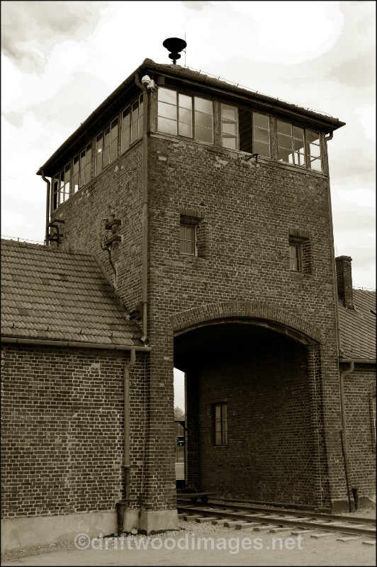 Birkenau entrance tower sepia - Auschwitz/Birkenau