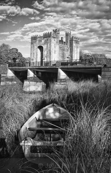 Fine Art Monochrome Of Boat At Bunratty Castle, Ireland.