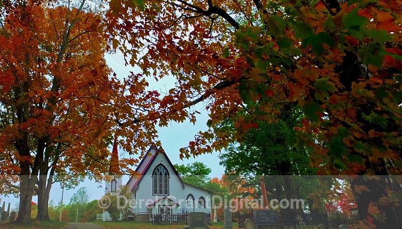 St. John's Anglican Church Gagetown NB Canada autum foliage - Churches of New Brunswick