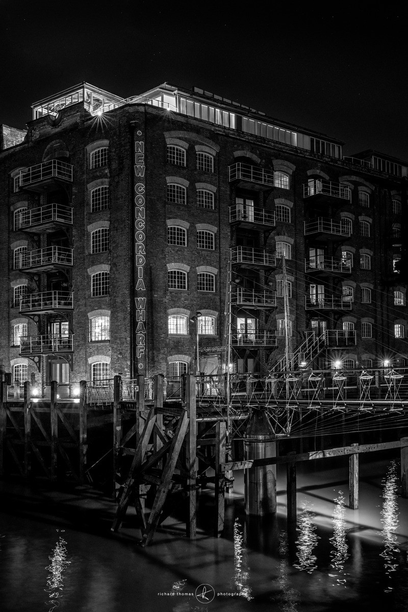 New Concordia Wharf on the River Thames in London at night