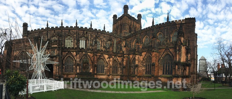 Cathedral exterior from SW and Christmas Star pano - Chester Cathedral