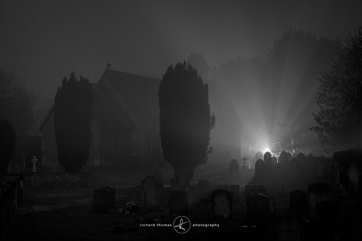 Churchyard on a foggy night