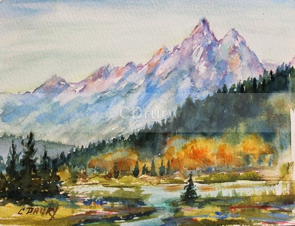 WCL01176 Buffalo Valley Sunrise - Watercolor Landscape GTNP