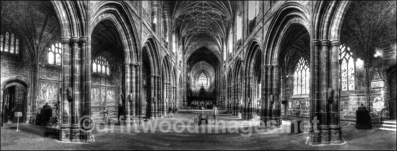 Cathedral nave pano bw - Chester Cathedral